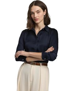 Women's LAUREN Ralph Lauren Classic Fit Satin Charmeuse Shirt | Zappos.com Business Casual Blouse With Spread Collar And Hidden Buttons, Business Casual Blouse With Spread Collar, Business Casual Blouse With Hidden Button Closure, Elegant Semi-formal Shirt With Covered Buttons, Formal Solid Blouse With Placket, Formal Blouse With Placket, Timeless Business Casual Blouse With Spread Collar, Sleek Spread Collar Blouse For Work, Timeless Work Shirt With Hidden Button Closure