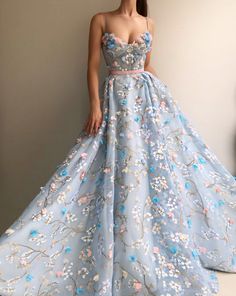 Details - Baby blue color - 3D Mesh/Net fabric - Handmade embroidered flowers - Ball gown style - For special occasions Sky Blue Prom Dress, Burgundy Homecoming Dress, 3d Fabric, Gowns Elegant, Gown Style, Blue Tulle, Sweet 15, Gowns Wedding, A Line Prom Dresses