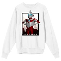 Embrace your Ultraman fandom with this adult white crew neck long sleeve sweatshirt. Featuring Ultraman in a gray frame above "Ultradad" text on the front and the movie’s logo in red on the back, this sweatshirt blends style and comfort seamlessly. Made from a durable blend of 50% cotton and 50% polyester, it offers softness and longevity. Machine wash it on cold with like colors and tumble dry on low heat for hassle-free care. Fan Apparel Sweatshirt With Screen Print, White Long Sleeve Band Merch Sweatshirt, White Long Sleeve Sweatshirt With Band Merch, White Long Sleeve Sweater With Screen Print, Fan Merchandise Long Sleeve Sweatshirt, Fandom Graphic Print Sweatshirt For Streetwear, Fandom Long Sleeve Tops With Letter Print, Long Sleeve Fandom Tops With Letter Print, Pop Culture Long Sleeve Tops For Fan Conventions