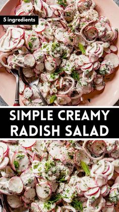 a bowl filled with radish salad next to another bowl full of radishes