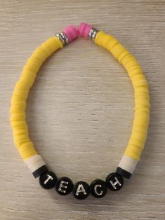 Perfect gift for any teacher 😍  You can personalize with a teachers name or anything you would like Bracelet Ideas For Teachers, Teach Clay Bead Bracelet, Pencil Clay Bead Bracelet, Teacher Clay Bead Bracelet, Teacher Bracelet Diy, Bracelet For Teacher, Pencil Bracelet, Bracelet Combos, Pulseras Aesthetic