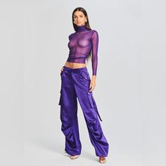 Nwt: Ser.O.Ya - Lai Satin Cargo Pant Sz: Xs - Violet Condition: New | Unopened Fitted Wide Leg Cargo Pants For Party, Fitted Parachute Pants With Pockets For Night Out, Fitted High Waist Parachute Pants For Night Out, Silver Jumpsuits, Crochet Jumpsuits, Halter Neck Jumpsuit, Jumpsuit And Blazer, Strapless Bustier, Sequin Jumpsuit