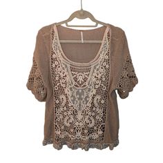 Nwot Free People Knit Cream Medium Oversized T-Shirt Sweater With Lace Excellent Condition Boho Feel Super Comfy And Cute Length - 25 In Bust - 17 In Beige Crew Neck Sweater For Beach, Beige Short Sleeve Sweater For Summer, Beige Crew Neck Top For Beach, Beige Short Sleeve Summer Sweater, Brown Summer Crew Neck Knit Top, Beige Crew Neck Crochet Top For Beach, Oversized Neutral Knit Top, Oversized Knit Top In Neutral Color, Neutral Oversized Knit Top