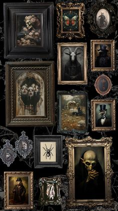 an assortment of framed pictures on a wall with skulls and other creepy things in them