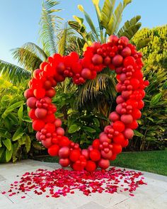 a heart - shaped balloon sculpture is surrounded by rose petals and palm trees in the background