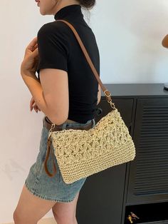 BirdinBag - Vacation-style Straw Woven Hollow Out Shoulder Bag Paper Sizes Chart, Vacation Style, Save The Planet, Bag Straps, Straw Bag, Straw, Bag Lady, Shoulder Bag, Zipper