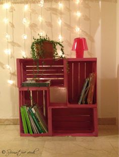 a red shelf with books and plants on it in front of a string of lights