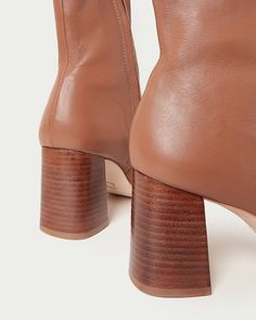 Color: Acorn Fall Medium Width Calf Leather Heeled Boots, Fall Calf Leather Heeled Boots Medium Width, Fall Calf Leather Heeled Boots With Leather Lining, Leather Heeled Boots With Padded Ankle For Fall, Fall Leather Heeled Boots With Padded Ankle, Brown Mid-calf Boots With Sculpted Heel For Fall, Brown Almond Toe Boots With Stacked Heel, Brown High Ankle Heels With Sculpted Heel, Fall Almond Toe Heeled Boots In Calf Leather