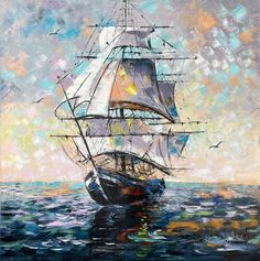 an oil painting of a sailboat in the ocean