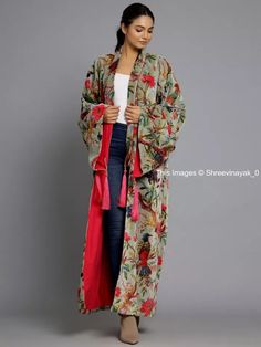 OFMD Luxury Velvet Jacket Coat Kimono Green Color Bird Printe Kimono Long Jacket | eBay Bird Print Fabric, Velvet Fringe, Kimono Gown, Cozy Luxury, Luxury Green, Printed Kimono, Kimono Outfit, Printed Velvet, Kimono Duster