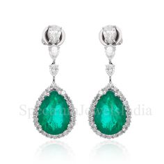 Zambian Emerald Pear Dangle Drop Earrings H/SI Diamond 18k White Solid Gold Zambian Emerald, Not Happy, White Solid, Emerald Earrings, Christmas Jewelry, Diamond Clarity, Diamond Gemstone, Solid Gold, Pear