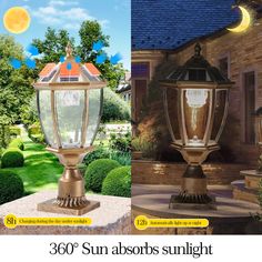 an advertisement for solar lights in front of a house with the caption 360 sun absorbs sunlight