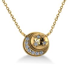 Diamond Crescent Moon & Stars Pendant Necklace 14k Yellow Gold 0.14ct Moon Gold Necklace, Star Necklaces, Yellow Diamond Necklace, Necklaces Rose, Rose Gold Diamond Necklace, Diamond Star Necklace, Classy Necklace, Rose Gold Pendant Necklace, White Gold Pendant Necklace