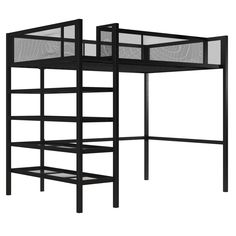 a black bunk bed with a white mattress on the bottom and shelves below it, against a white background