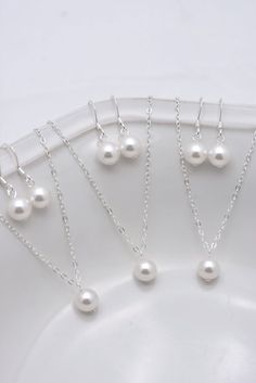 Set of 7 Bridesmaid Necklace and Earring Sets 7 by AnaInspirations One Pearl Necklace, Bridesmaid Pearl Necklace, Necklace And Earring Sets, Single Pearl Necklace, Bridesmaid Pearls, Single Pearl, Earring Sets, Pearl Jewelry Sets, Bridesmaid Jewelry Sets