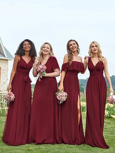 the bridesmaids are all wearing red dresses