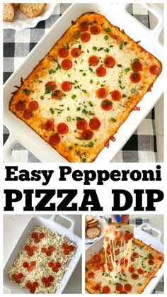 an easy pepperoni pizza dip recipe is shown in four different pictures, including the toppings