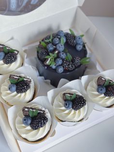 four cupcakes with blueberries and blackberries on top in a white box