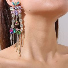 Colorful Crystal Tassel Earrings. Luxury Earrings. Bohemian Multicolor Crystal Earrings For Party, Multicolor Chandelier Drop Earrings For Party, Glamorous Multicolor Dangle Crystal Earrings, Multicolor Tassel Earrings For Party, Multicolor Dangle Earrings For Party, Multicolor Fringe Jewelry For Party, Elegant Multicolor Tassel Earrings For Party, Glamorous Multicolor Dangle Earrings, Multicolor Fringe Earrings For Party