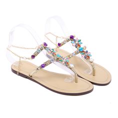 FREE SHIPPING Women Rhinestones Chains Gladiator Flat Sandals JKP1615 Rhinestones Open Toe Festival Sandals, Open Toe Rhinestone Festival Sandals, Festival Rhinestone Open Toe Sandals, Summer Jeweled Open Toe Sandals, Stone Embellished Round Toe Sandals For Summer, Embellished Open Toe T-strap Sandals For Summer, Trendy Crystal Embellished Sandals For Summer, Gold Wedding Shoes, Gladiator Flats