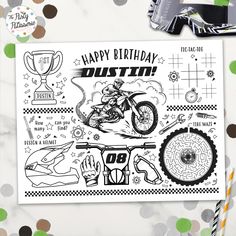 a birthday card with an image of a motorcyclist and trophies on it