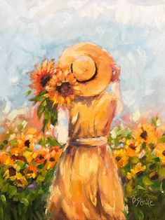 a painting of a woman with sunflowers in her hand and a hat on her head