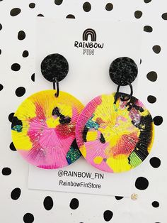 At Rainbow Fin I hand make unique handcrafted, earrings made from resin and mixed media.  All earrings are handmade with love may feature slight imperfections and inconsistencies. I only list items that I would wear myself.  Please be aware that the colours may display differently on computer/phone screens and monitors. Every attempt has been made to represent the product and colours as accurately as possible. Handmade Funky Dangle Earrings, Yellow Funky Earrings For Gift, Handmade Yellow Artsy Earrings, Handmade Artsy Yellow Earrings, Playful Hand Painted Resin Earrings, Funky Handmade Yellow Earrings, Handmade Funky Yellow Earrings, Funky Yellow Handmade Earrings, Yellow Funky Handmade Earrings