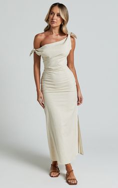 CINCINNATI MIDI DRESS - OFF THE SHOULDER SIDE SPLIT COLUMN DRESS in Beige Affordable Long Elegant Midi Dress, Luxury Beige Midi Dress For Day Out, Luxury Beige Maxi Dress For Wedding Guest, Cheap Chic Cream Dresses, Affordable Chic Midi Dress, Luxury Cream Dresses For Brunch, Luxury Timeless Formal Midi Dress, Chic Cream Dresses At Affordable Prices, Cheap Chic Midi Dress