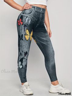 Olivia Mark - Plus Size Butterfly Denim Print High Rise Leggings, Women's Plus High Stretch Casual Leggings Fall Denim Casual Leggings, Casual Denim Leggings For Fall, Non-stretch Casual Leggings With Pockets, Black Leggings With Pockets For Spring, Spring Casual Leggings With Pockets, Spring Fitted Denim Leggings, Casual Mid-rise Summer Leggings, Casual Mid-rise Denim Leggings, Casual Mid-rise Leggings For Spring