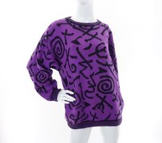 "Vintage Esprit Sport sweater with an abstract design in purple and black. Care tag absent; knit feels like an acrylic wool blend. Estimated era: late 1980s to 1990s.  Condition is far from perfect. There is moderate to heavy fabric wear / fuzziness, and there have been a few small repairs. As-is. Please see photos. Sweater has been cleaned and is ready to wear.  Size tag is absent. While it measures like a 2XL, Esprit Sport sweaters were usually oversized. This may have been made a size large. 90s Style Purple Sweater For Fall, 90s Style Purple Fall Sweater, 90s Purple Winter Sweater, Purple Sweaters, Vintage Esprit, Random Clothes, Big Sweaters, Sport Sweater, 80s Outfit