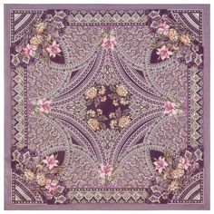 a purple and pink square scarf with flowers on the front, in an ornate pattern