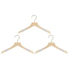 three wooden clothes hangers with white clips