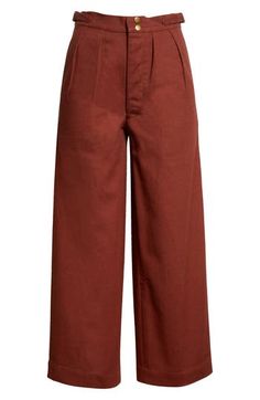 Inspired by '40s workman's pants, this cotton-twill pair feature a high rise, a pleated front and tab adjusters at the waist to perfect the fit. 27" inseam; 20" leg opening; 11" front rise; 16 1/2" back rise Zip fly with snap closure Adjustable waist side tabs Front slant pockets; back patch pockets 100% cotton Dry clean or hand wash, line dry Imported Women's Designer Clothing Designer Clothing Brands, Wide Leg Crop Pants, Twill Pants, Free Fabric, Wide Leg Trousers, Designer Outfits Woman, Straight Leg Pants, Cropped Pants, Bottoms Pants