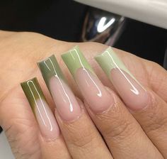 Green Square Acrylic Nails, Green French Tip Nails, Aqua Nails, Green French, Black Acrylic Nails