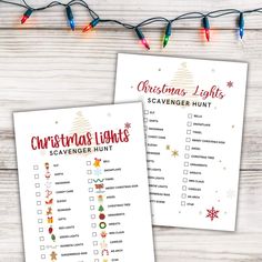 two christmas lights scavenger hunt printables on a wooden table with string lights