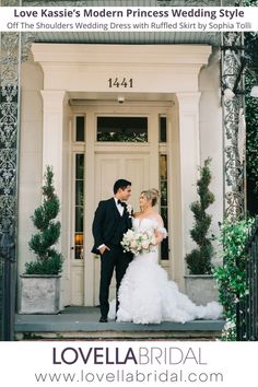 a bride and groom standing in front of a white door at their wedding day with the words love kasie's modern princess wedding style