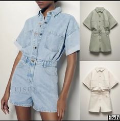 Fisdy - Denim Short Jumpsuit Denim Short Jumpsuit, Denim Playsuit, Jumpsuit Casual, Denim Patterns, Sophisticated Look, Casual Jumpsuit, Denim Short, Summer Style Casual, Type Of Pants