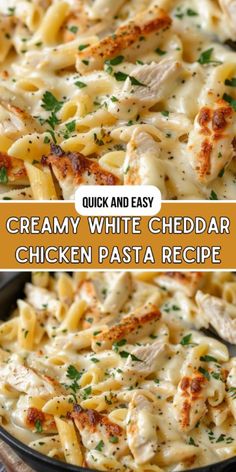 creamy white cheesy chicken pasta recipe in a skillet with text overlay