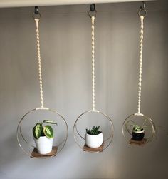 three hanging planters with plants in them