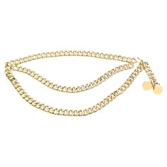 This gold-plated Chanel belt is the perfect addition to any look. Simple, yet classic and glamorous, this style features polished gold-plated metal, a chunky chain-link construction, and is adorned with two charms. The hook fastening is easy and simple to link for an effortless touch. Gold Chain Link Jewelry With Gold-tone Hardware, Luxury Gold-tone Metal Chain Belt, Luxury Gold Metal Chain Belt, Luxury Gold-tone Double Chain Necklace, Gold-tone Double Chain Luxury Necklace, Elegant Gold Chain Belt With Double Chain, Elegant Gold Double Chain Belt, Formal Yellow Gold Chain Belt, Gold Metal Chain Belt For Gift