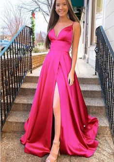 MC144,Spaghetti straps a-line prom dress,satin evening dresses formal gown · More Cheer Dress · Online Store Powered by Storenvy Graduate Dress, Bougainvillea Wedding, Pink Week, Hot Pink Prom Dress, Vestido Pink, Neon Prom Dresses, Below The Knee Dresses, Prom Dresses Long Pink, Strapless Prom Dress