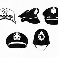 six police hats are shown in black and white