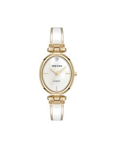 Anne Klein White/Gold-Tone Oval Diamond Accented Bangle Watch Oval Watches, Dainty Watch, Corporate Wardrobe, Round Watch, Bangle Watches, White Watch, Watch Bracelet, Watch Collection, Black Watch