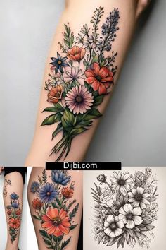 tattoos with flowers and leaves on the legs are shown in three different colors, one is blue