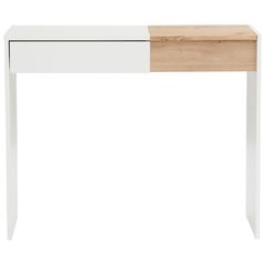 a white and wood desk with two drawers