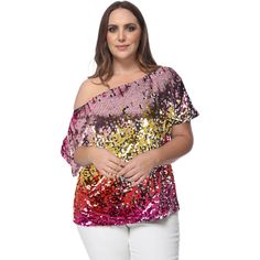 Make a bold entrance with the Anna-Kaci Plus Size Zig Zag Ombre Sequin One Shoulder Short Sleeve Sparkle Party Top. Perfectly designed to reveal one shoulder, this sequined top strikes the perfect balance between sexy and stylish. The mesmerizing zigzag ombre sequins catch the light, creating a dazzling effect that ensures all eyes will be on you. With a relaxed fit that beautifully showcases your shoulders, this top provides both comfort and a flattering silhouette for all body types. Ideal for Multicolor Sequined Tops For Party Season, Glamorous Multicolor Tops For Night Out, Glamorous Multicolor Top For Party Season, Glamorous Multicolor Tops For Party Season, Glamorous Multicolor Party Tops, Multicolor Tops For Spring Holiday, Multicolor Tops For Holiday And Spring Season, Pink Holiday Party Tops, Sequined Tops For Summer Celebrations