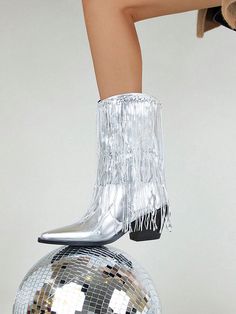 Plateado  Collar     Embellished Glitter Cowboy Outfit, Metallic Cowboy Boots, Boots Silver, Western Boots Women, Chunky Block Heels, Boots Women Fashion, Womens Mid Calf Boots, Sparkles Glitter, Mid Calf Boots