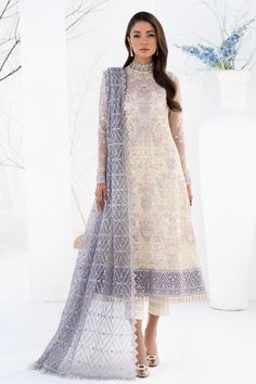 Premium Pakistani Pearl White Salwar Kameez Trouser Organza Salwar Kameez With Naqshi For Reception, Elegant Off White Dupatta For Reception, Elegant Off-white Dupatta For Reception, Naqshi Embroidered Lawn Suit For Reception, Unstitched Naqshi Salwar Kameez For Reception, Formal Naqshi Organza Kurta, Formal Organza Kurta With Naqshi Detailing, Elegant Semi-stitched Churidar With Intricate Embroidery, Elegant Sets With Pearl Embroidery For Diwali