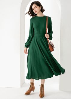 "New Arrivals Green midi Linen dress with pockets for spring autumn. DETAIL * 50% Linen, 50% cotton * Two side pockets * Long Lantern Sleeve * Small collar * Fit and flare dress * Back zipper closure * Perfect for summer, spring, autumn * Dry clean * The model is 175cm (5′9″) tall with a 80cm (31.5\") bust, 66cm (26\") waist. She is wearing in size XS CUSTOM MADE SERVICE If you * Change other color * Can't find your size in our size Chart * Change the length * Your Height is not Between 5'1\" - Green A-line Midi Dress, Green Linen Dress For Fall, Green Solid Color Midi Length Dress, Green Solid Color Midi Dress, Green A-line Midi Dress For Fall, Green Midi-length Dress With Solid Color, Green Midi Length Dress With Solid Color, Dark Green Midi Length Spring Dress, Dark Green Midi Length Dress For Spring