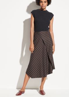 Check Plaid Wool Skirt for Women | Vince Double Breasted Cardigan, Collarless Coat, Plaid Wool Skirt, Satin Shorts, Slip Skirts, Draped Skirt, Dot Skirt, Wool Skirt, Satin Pajamas